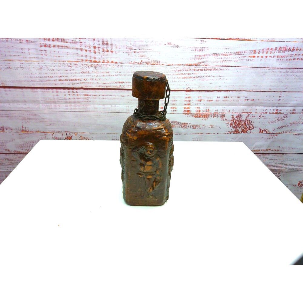 RARE Antique Leather Wrapped tooled Whiskey Decanter Miguel De Cerum bottle